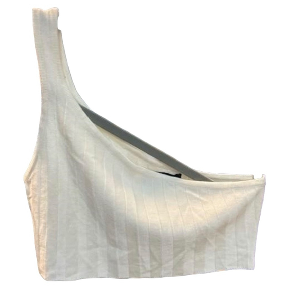 CIDER White One Shoulder Ribbed Crop Top L - Picture 2 of 4